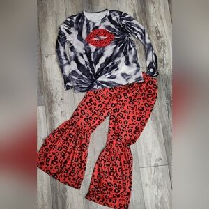 Girls Tie-Dye Lips Top and Leopard Flare Pants Set